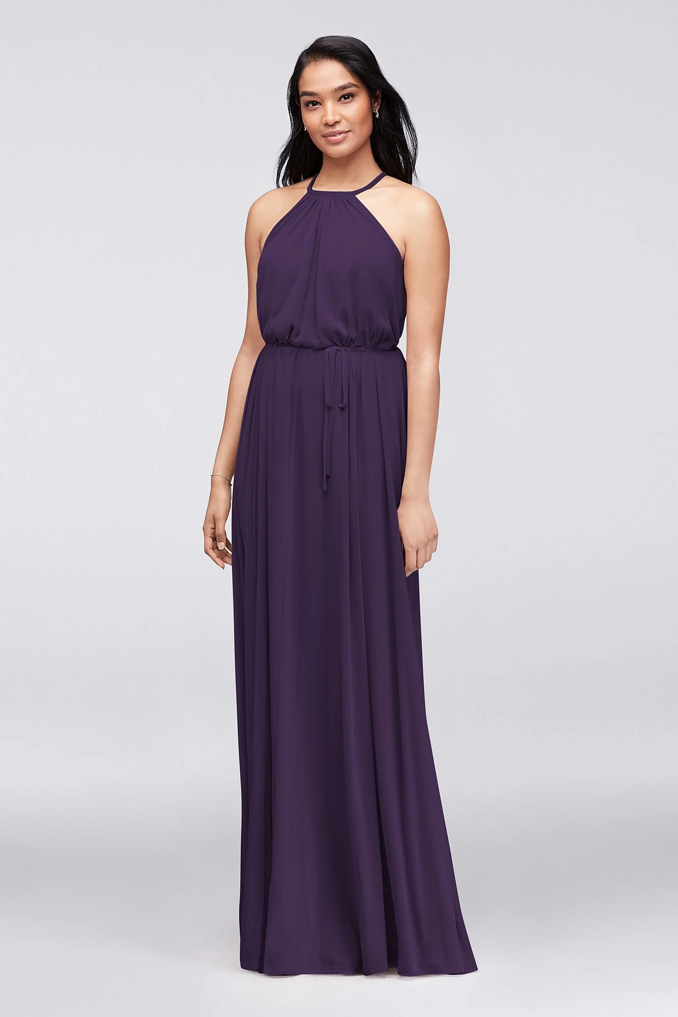 Soft Mesh Halter Bridesmaid Dress with Slim Sash - Image 35