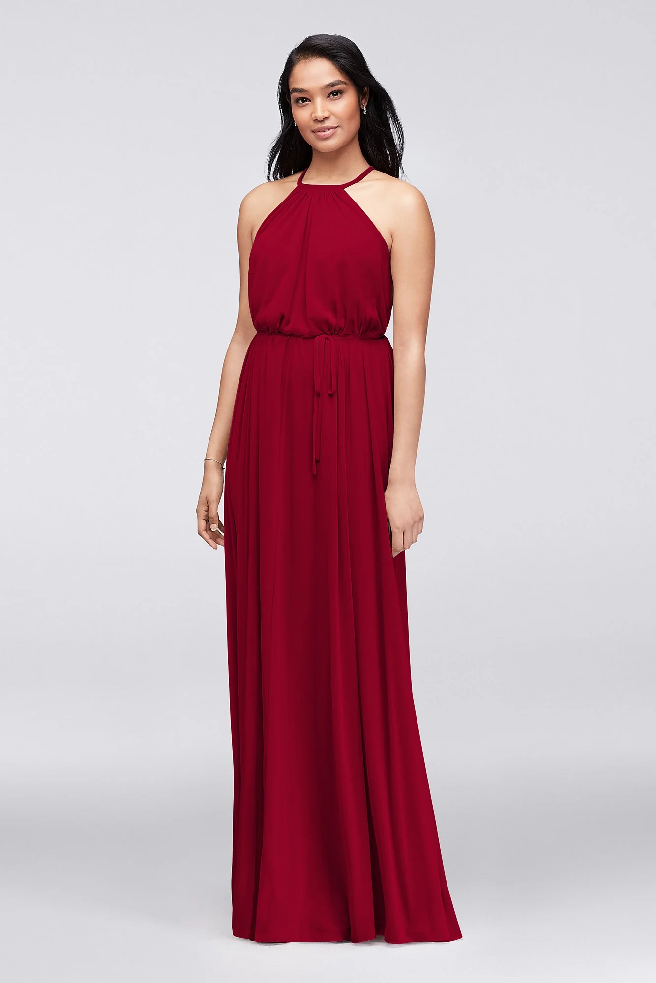 Soft Mesh Halter Bridesmaid Dress with Slim Sash - Image 36