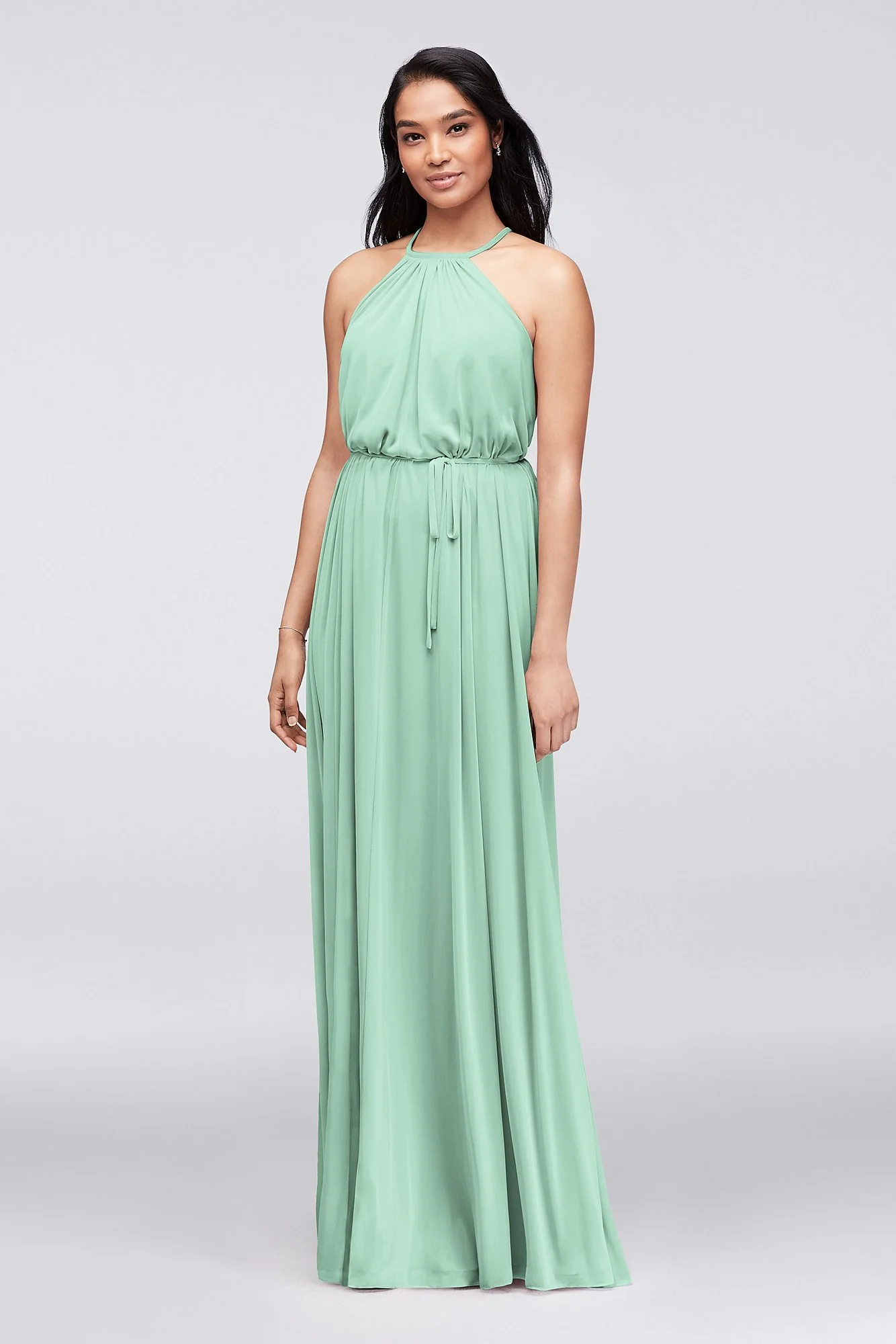 Soft Mesh Halter Bridesmaid Dress with Slim Sash - Image 38
