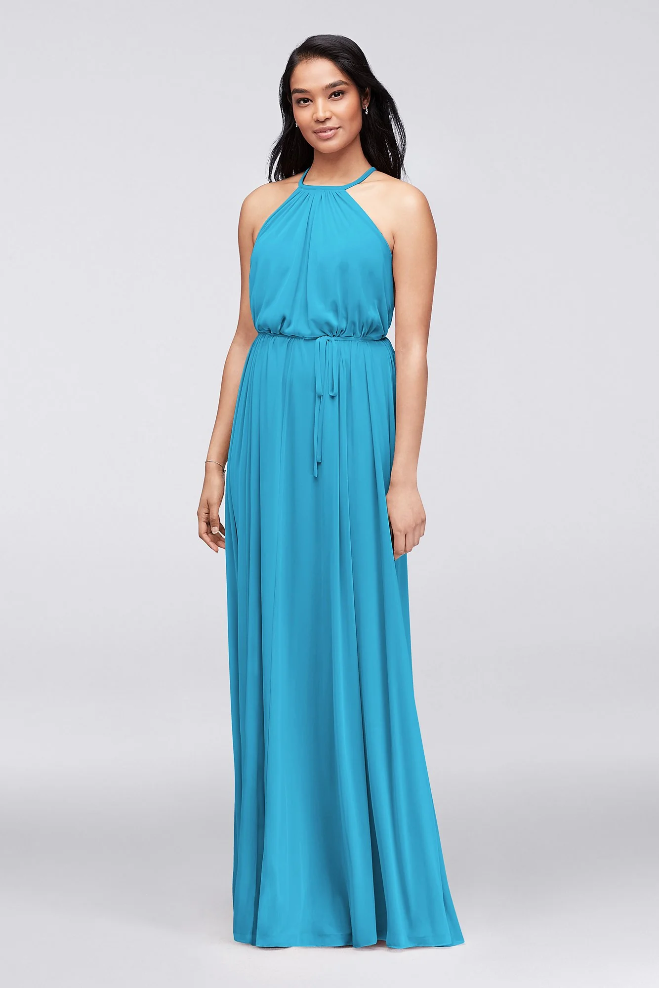Soft Mesh Halter Bridesmaid Dress with Slim Sash - Image 39
