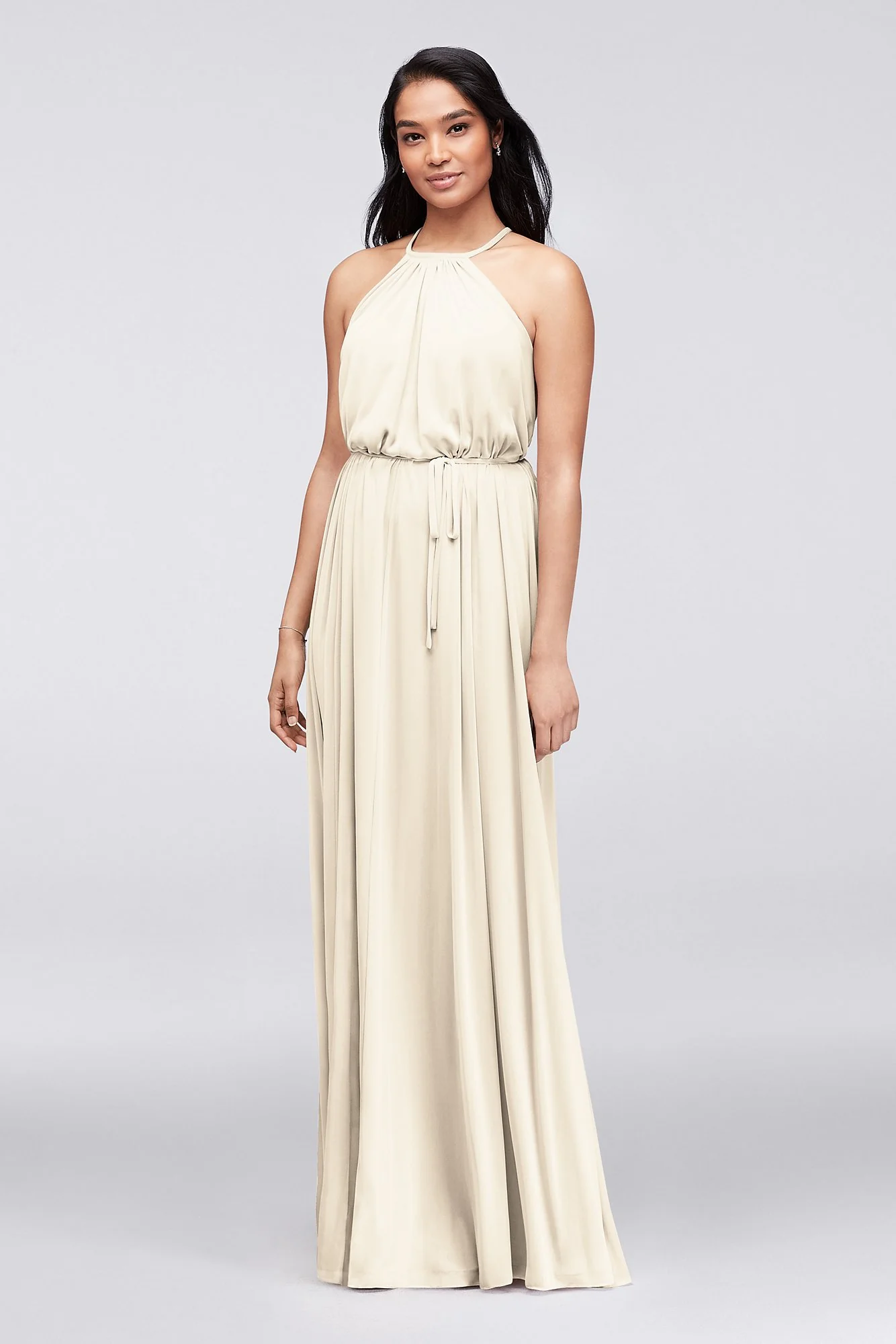 Soft Mesh Halter Bridesmaid Dress with Slim Sash - Image 4