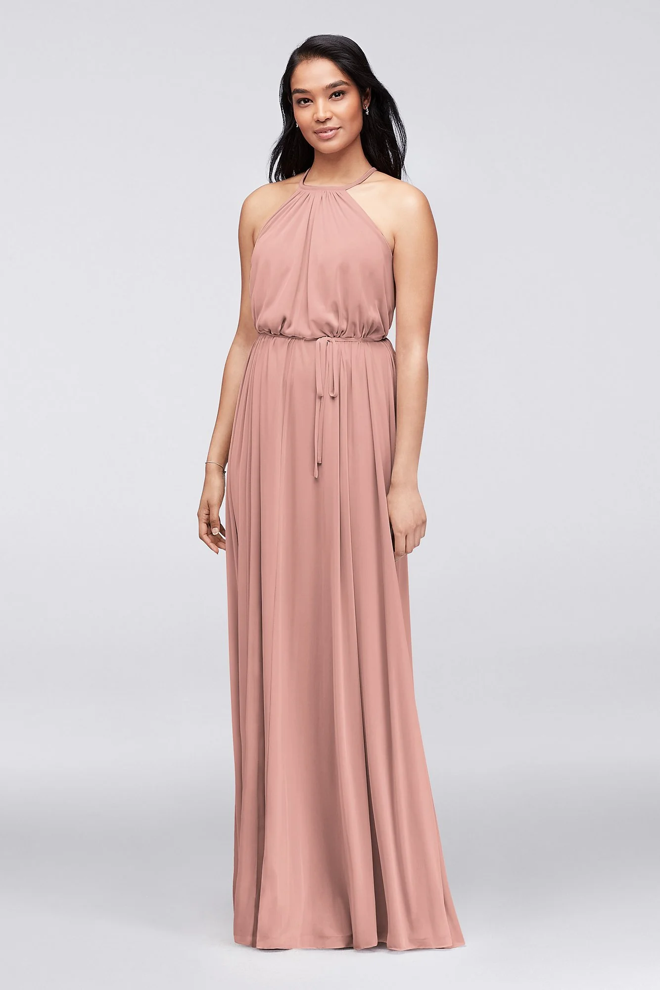 Soft Mesh Halter Bridesmaid Dress with Slim Sash - Image 40