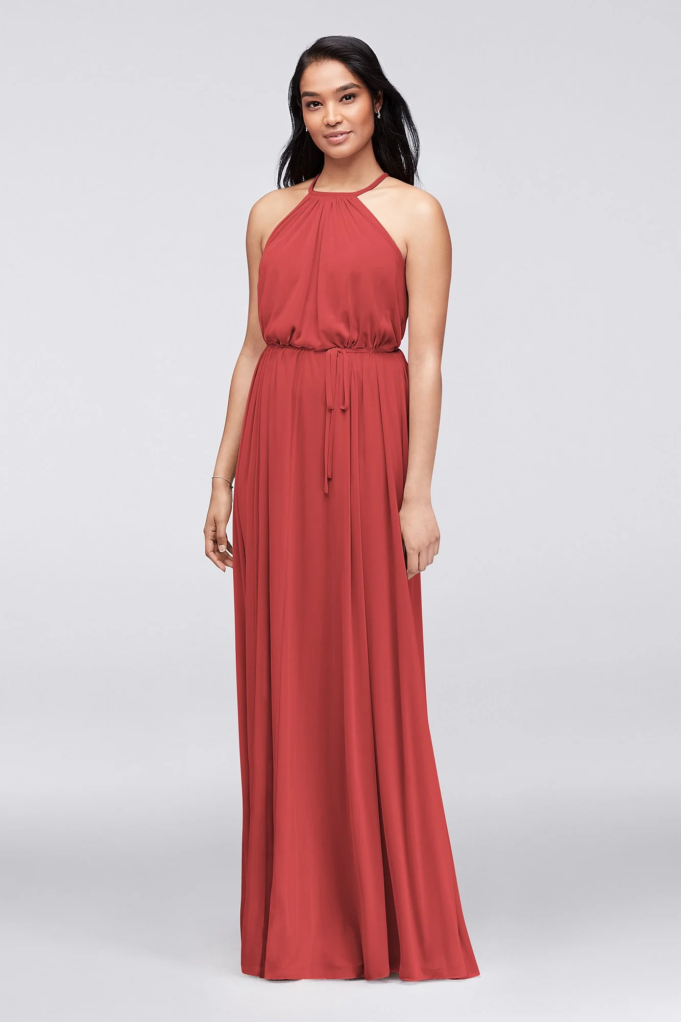 Soft Mesh Halter Bridesmaid Dress with Slim Sash - Image 41