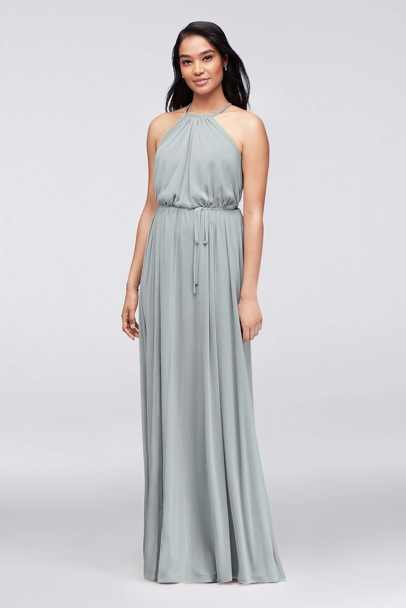 Soft Mesh Halter Bridesmaid Dress with Slim Sash - Image 42