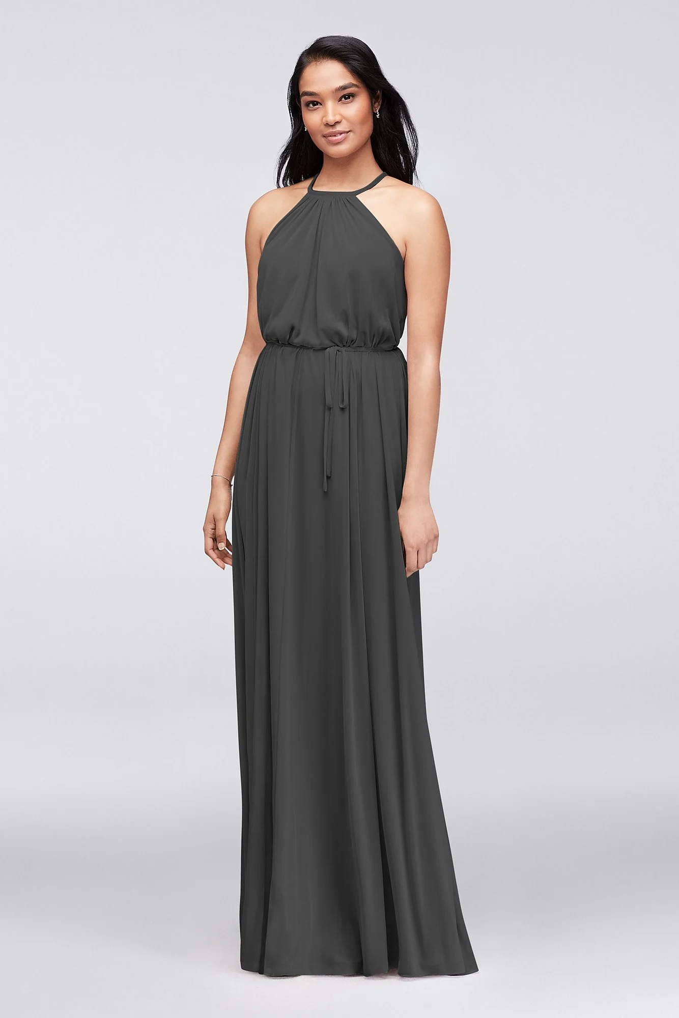 Soft Mesh Halter Bridesmaid Dress with Slim Sash - Image 43