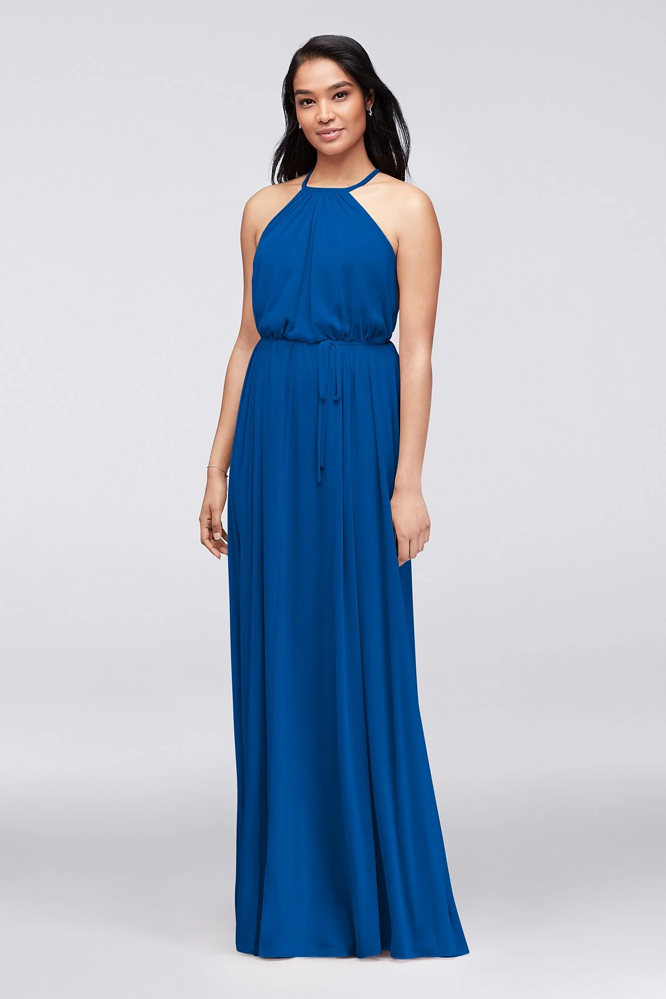 Soft Mesh Halter Bridesmaid Dress with Slim Sash - Image 44