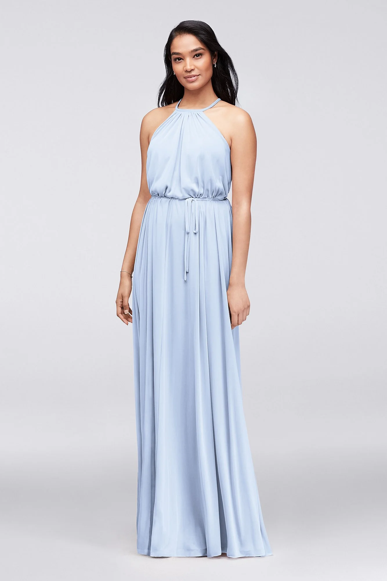 Soft Mesh Halter Bridesmaid Dress with Slim Sash - Image 45
