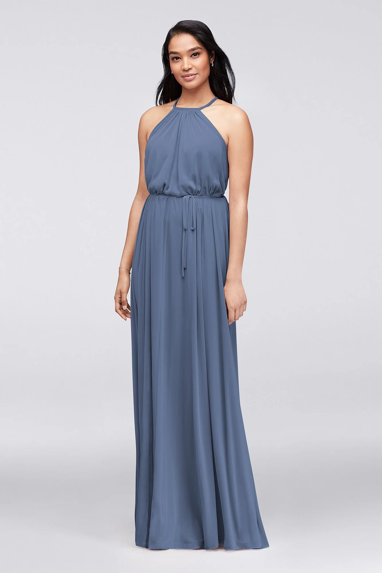 Soft Mesh Halter Bridesmaid Dress with Slim Sash - Image 46