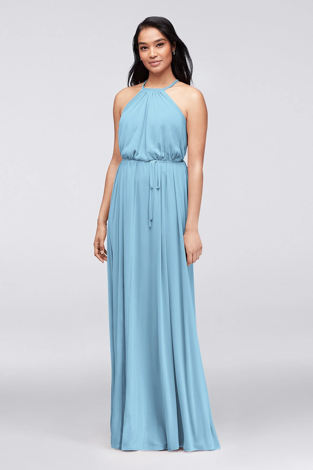 Soft Mesh Halter Bridesmaid Dress with Slim Sash - Image 47