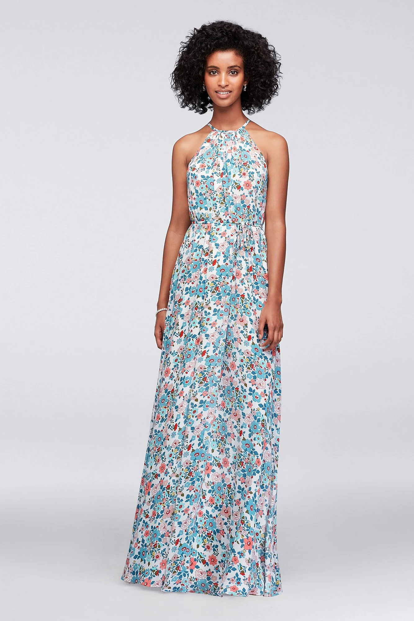 Soft Mesh Halter Bridesmaid Dress with Slim Sash - Image 5