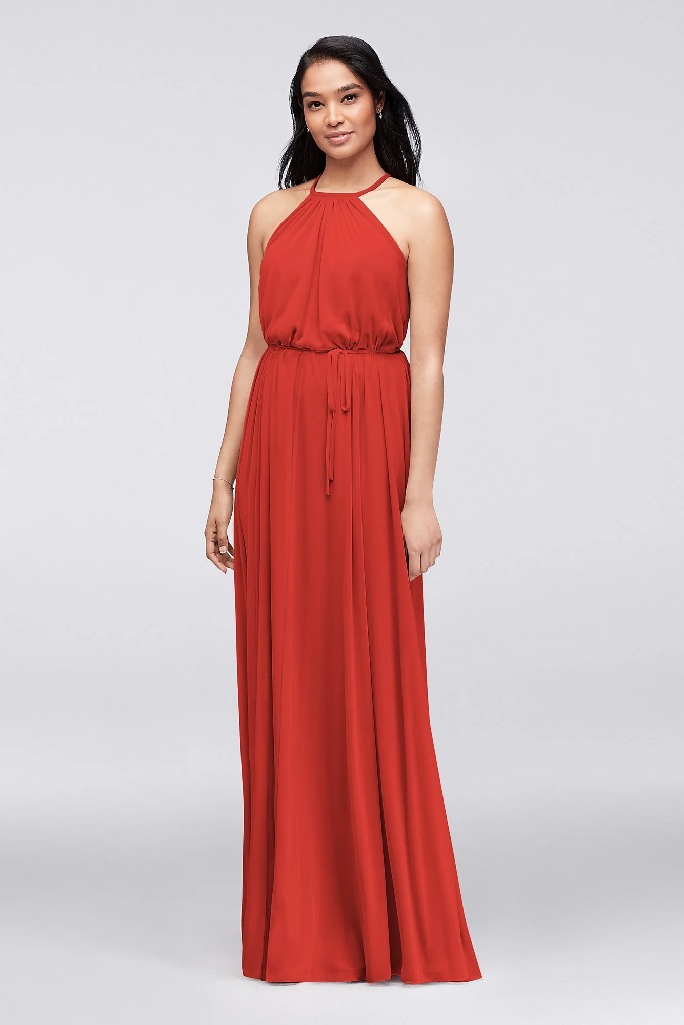 Soft Mesh Halter Bridesmaid Dress with Slim Sash - Image 50