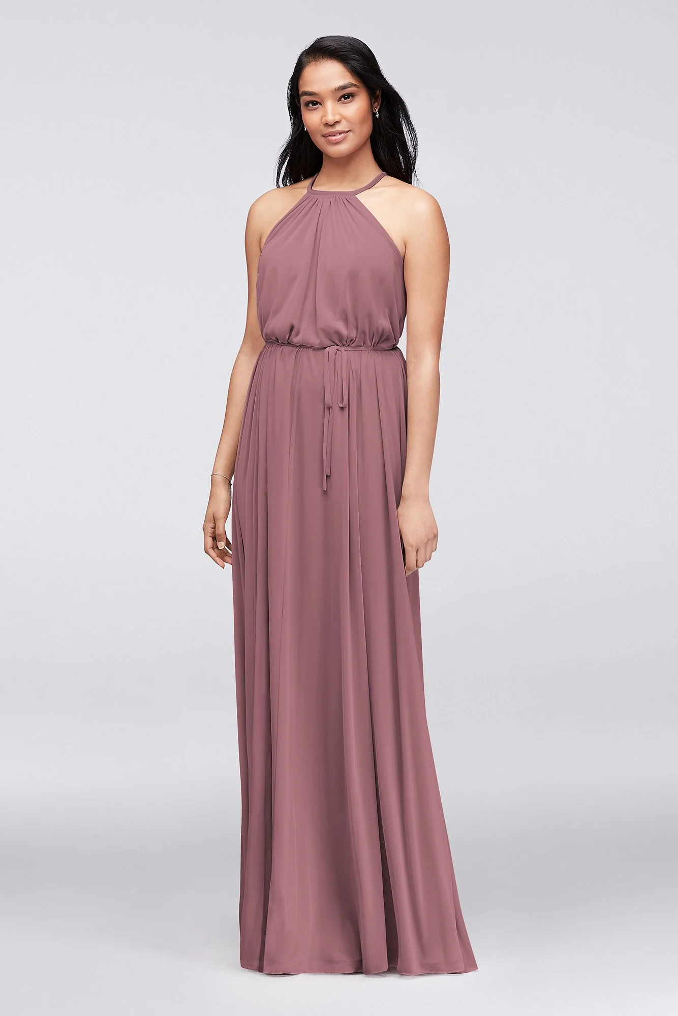 Soft Mesh Halter Bridesmaid Dress with Slim Sash - Image 51