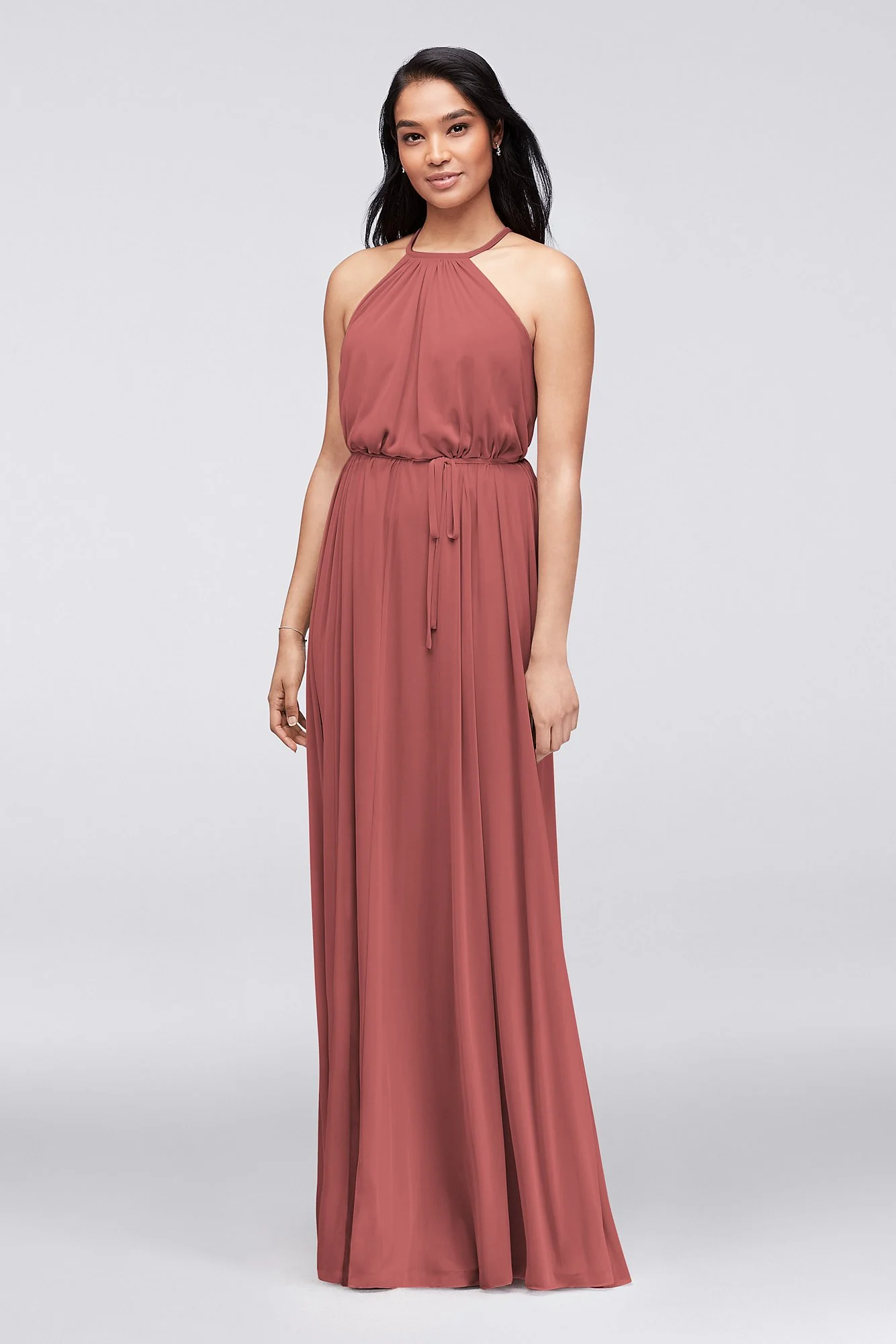 Soft Mesh Halter Bridesmaid Dress with Slim Sash - Image 53