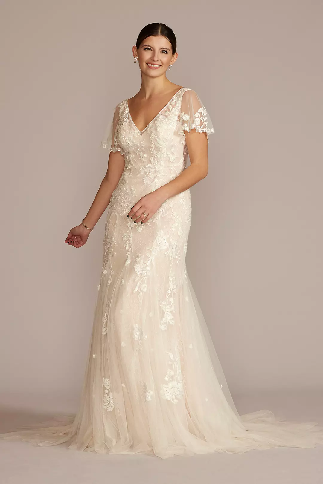 Soft Tulle Flutter Sleeve Mermaid Wedding Gown - Image 10