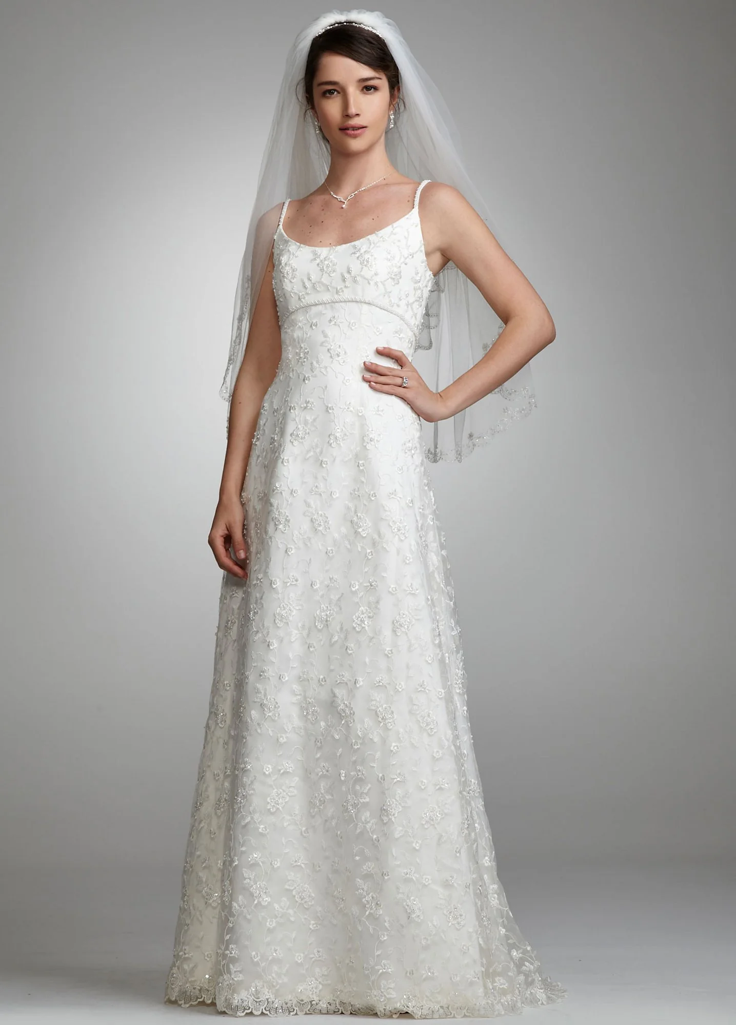 Spaghetti Strap Beaded Lace Slim A-Line Gown