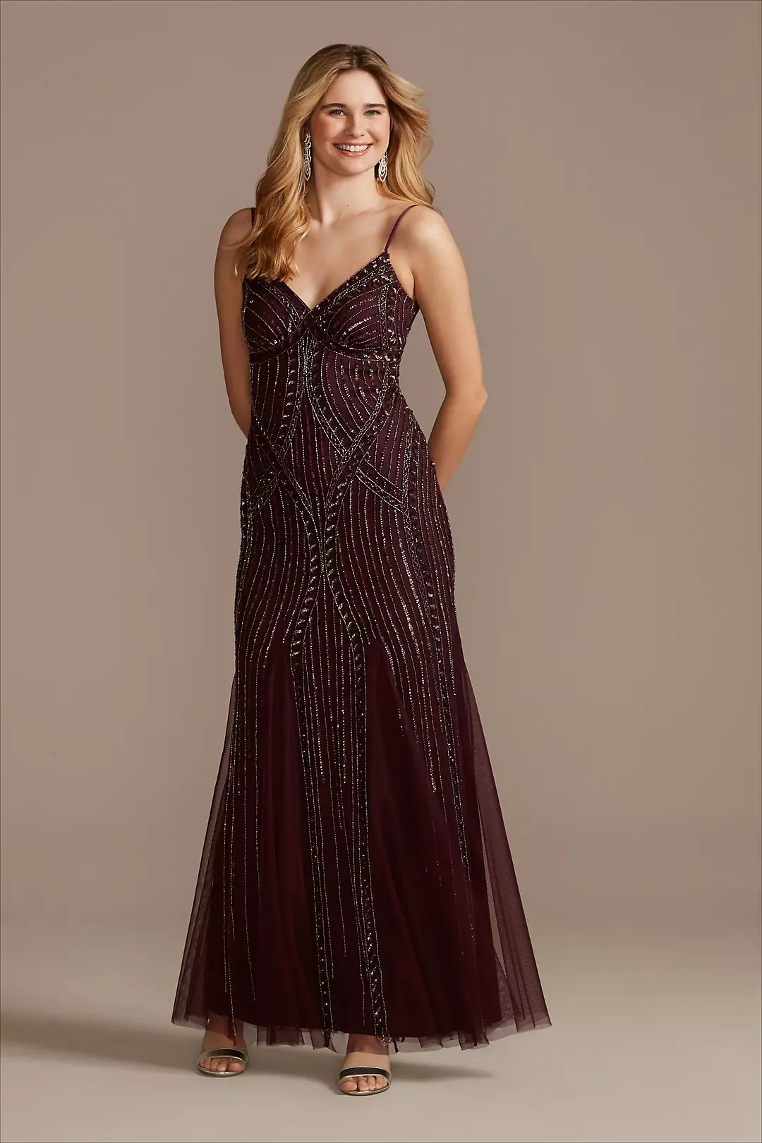 Spaghetti Strap Beaded Mesh V-Neck Sheath Dress - Image 10
