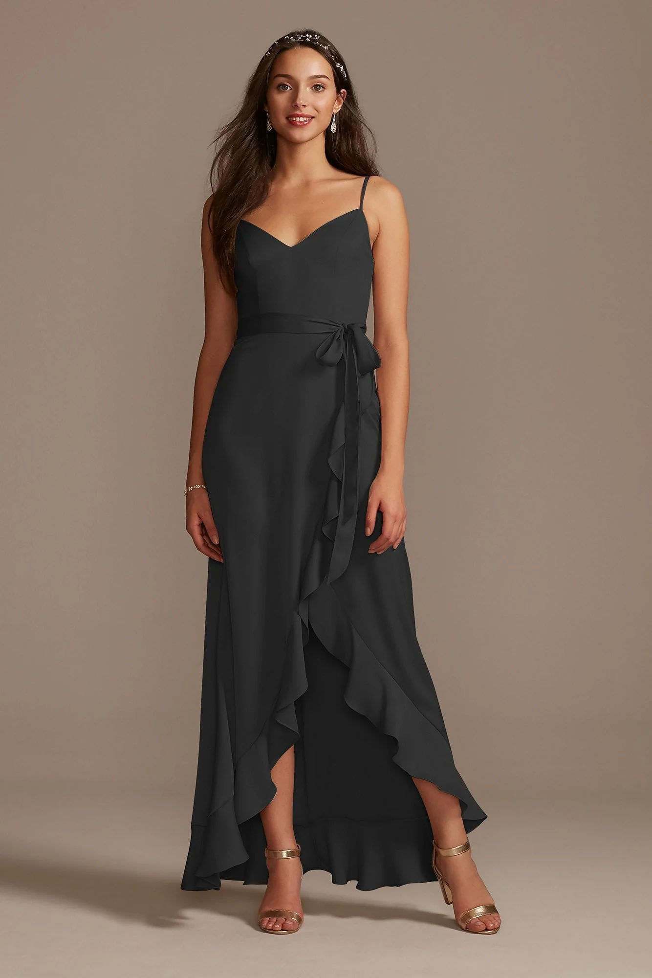 Spaghetti Strap Crepe Ruffle Dress - Image 79