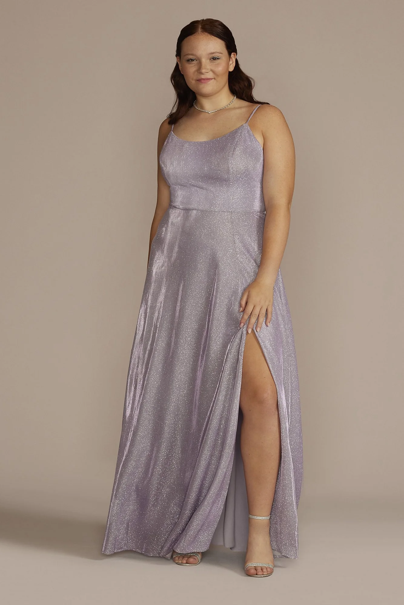 Spaghetti Strap Glitter Shine Gown with Slit - Image 3