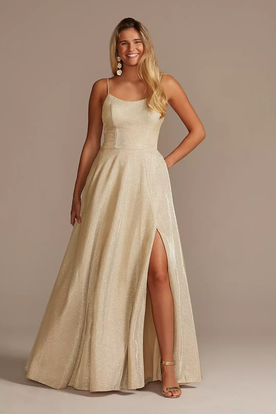 Spaghetti Strap Glitter Shine Gown with Slit - Image 8