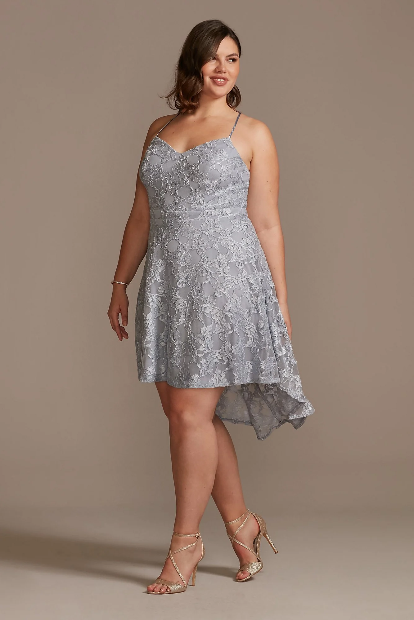 Spaghetti Strap Lace High Low Mini Dress with Bow - Image 3