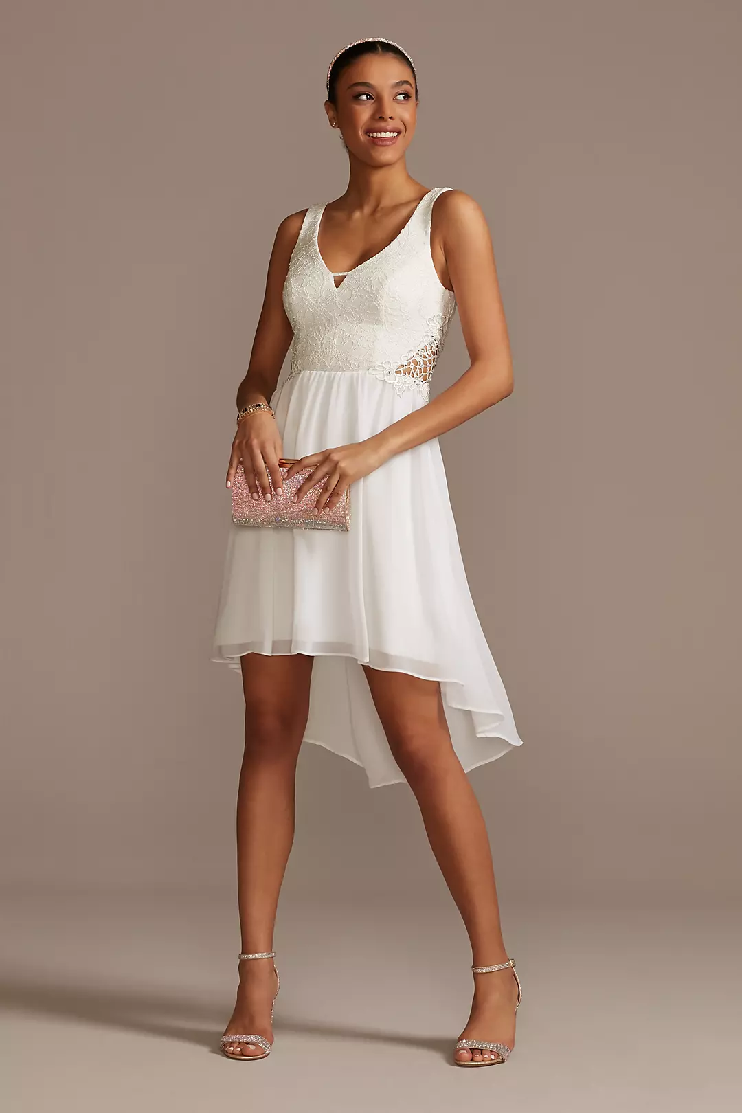 Spaghetti Strap Lace High Low Mini Dress with Bow - Image 15