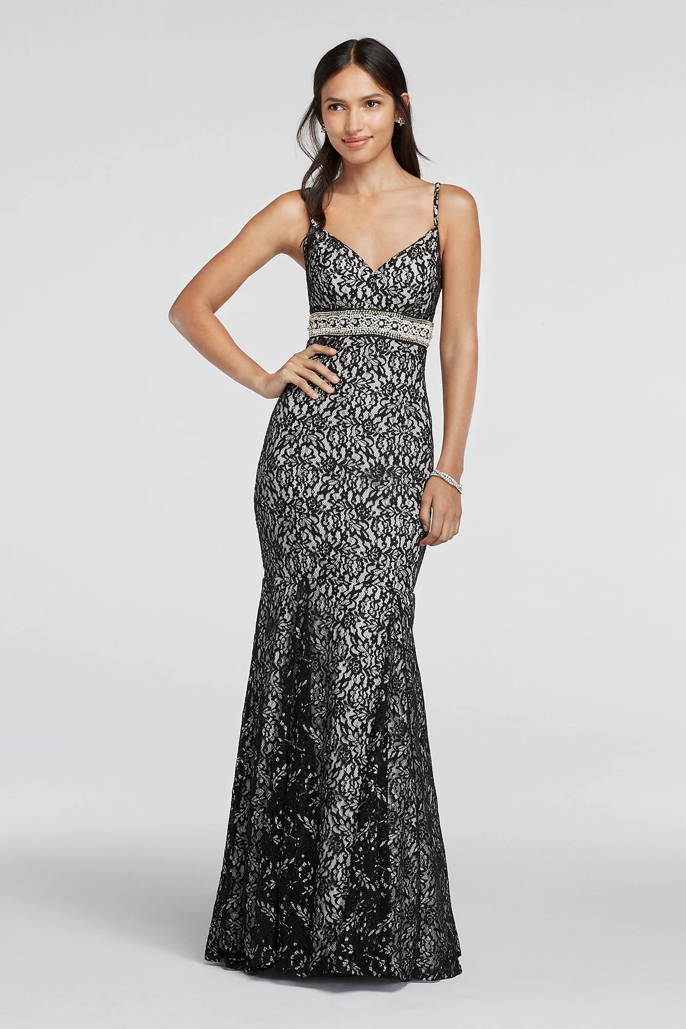 Spaghetti Strap Lace Prom Dress with Beaded Waist - Image 2
