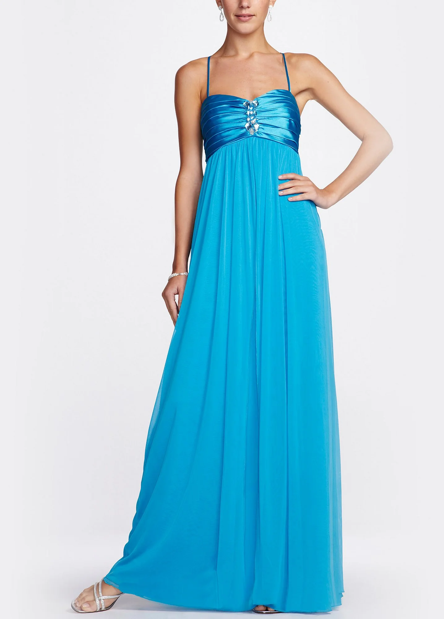 Spaghetti Strap Mesh Gown with Split Front