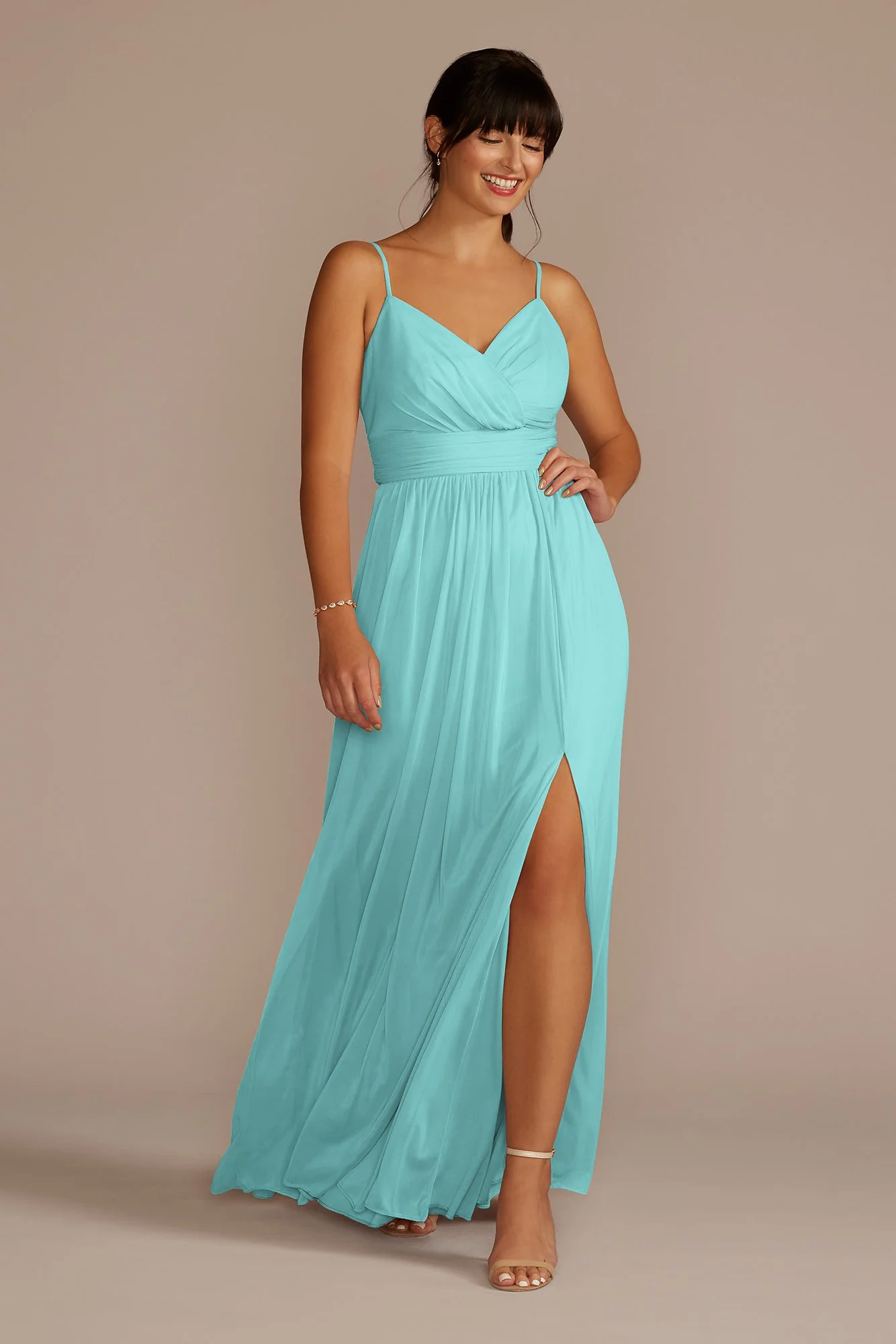 Spaghetti Strap Ruched Waist Mesh Dress - Image 79
