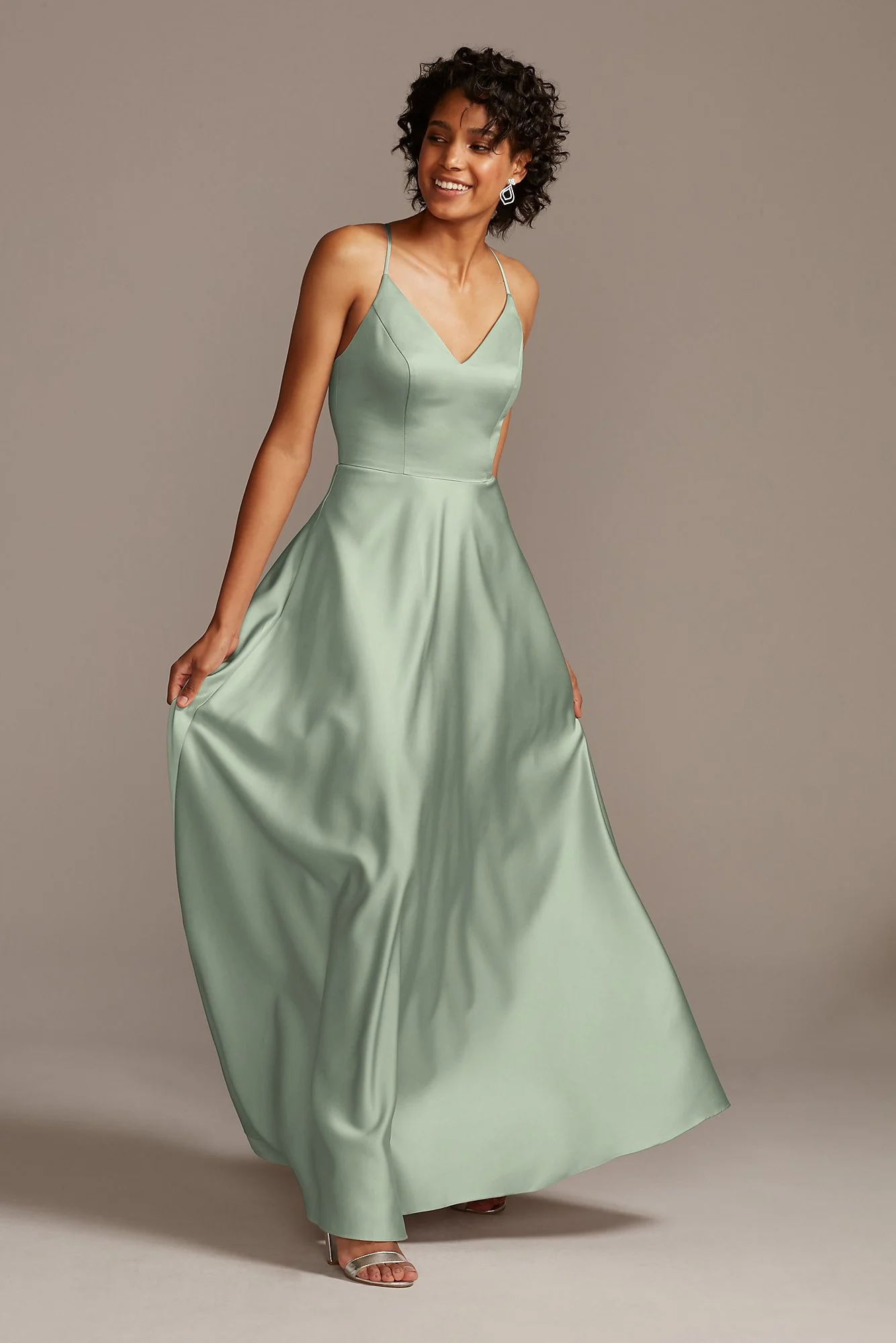 Spaghetti Strap Satin A-Line Long Bridesmaid Dress - Image 10