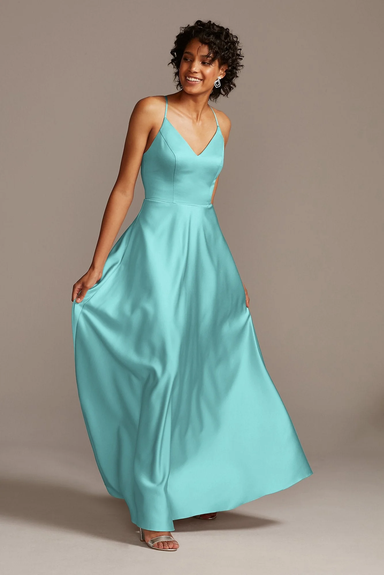 Spaghetti Strap Satin A-Line Long Bridesmaid Dress - Image 35