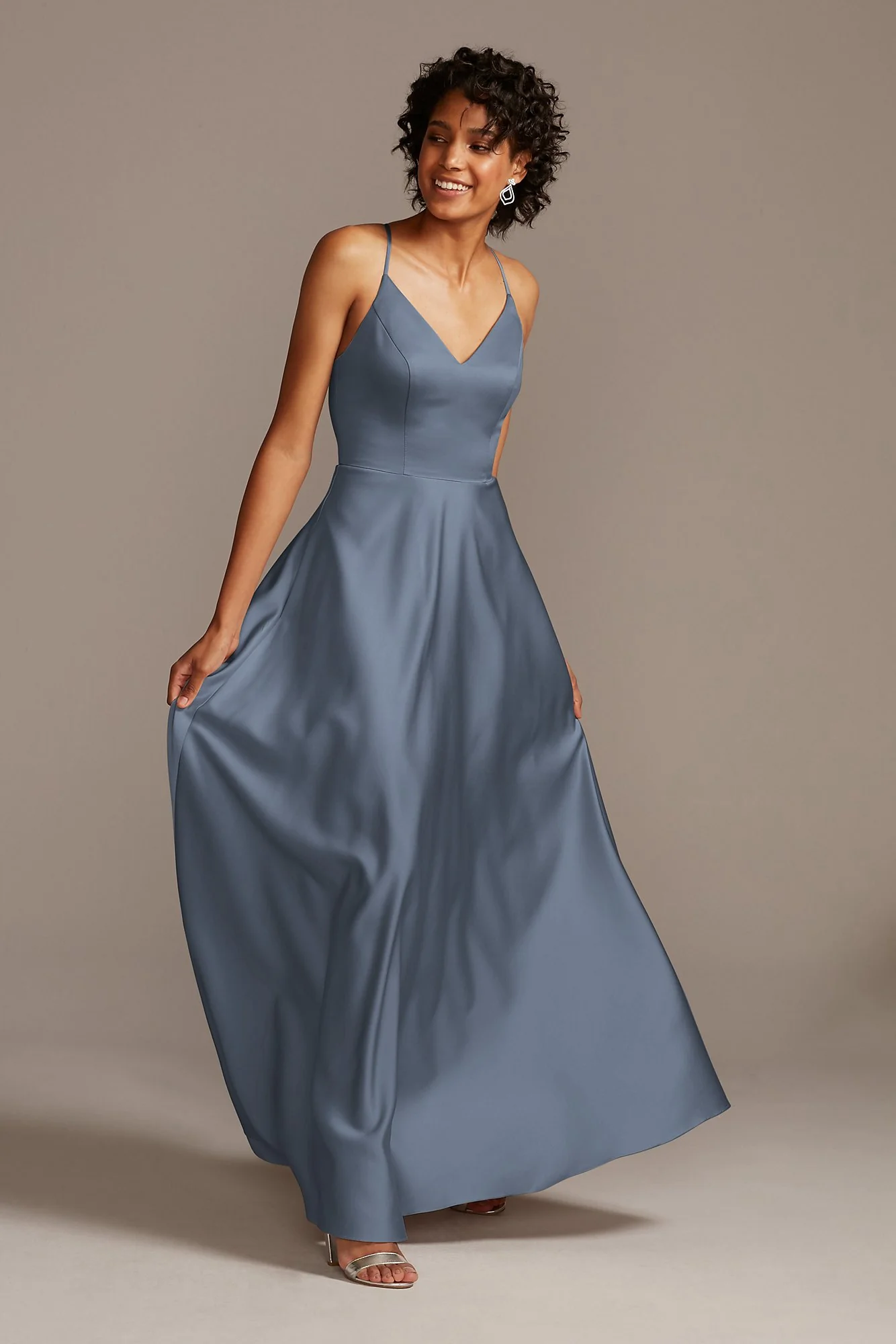 Spaghetti Strap Satin A-Line Long Bridesmaid Dress - Image 4