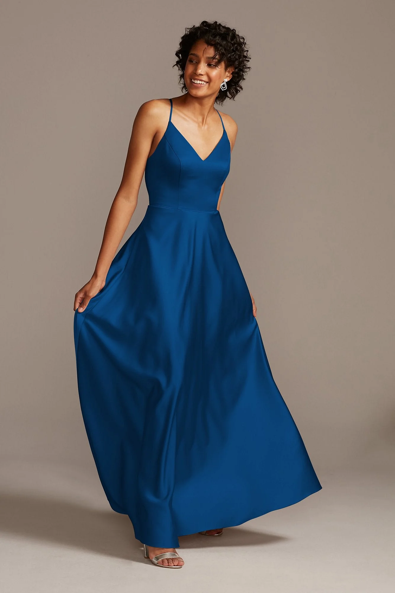Spaghetti Strap Satin A-Line Long Bridesmaid Dress - Image 80