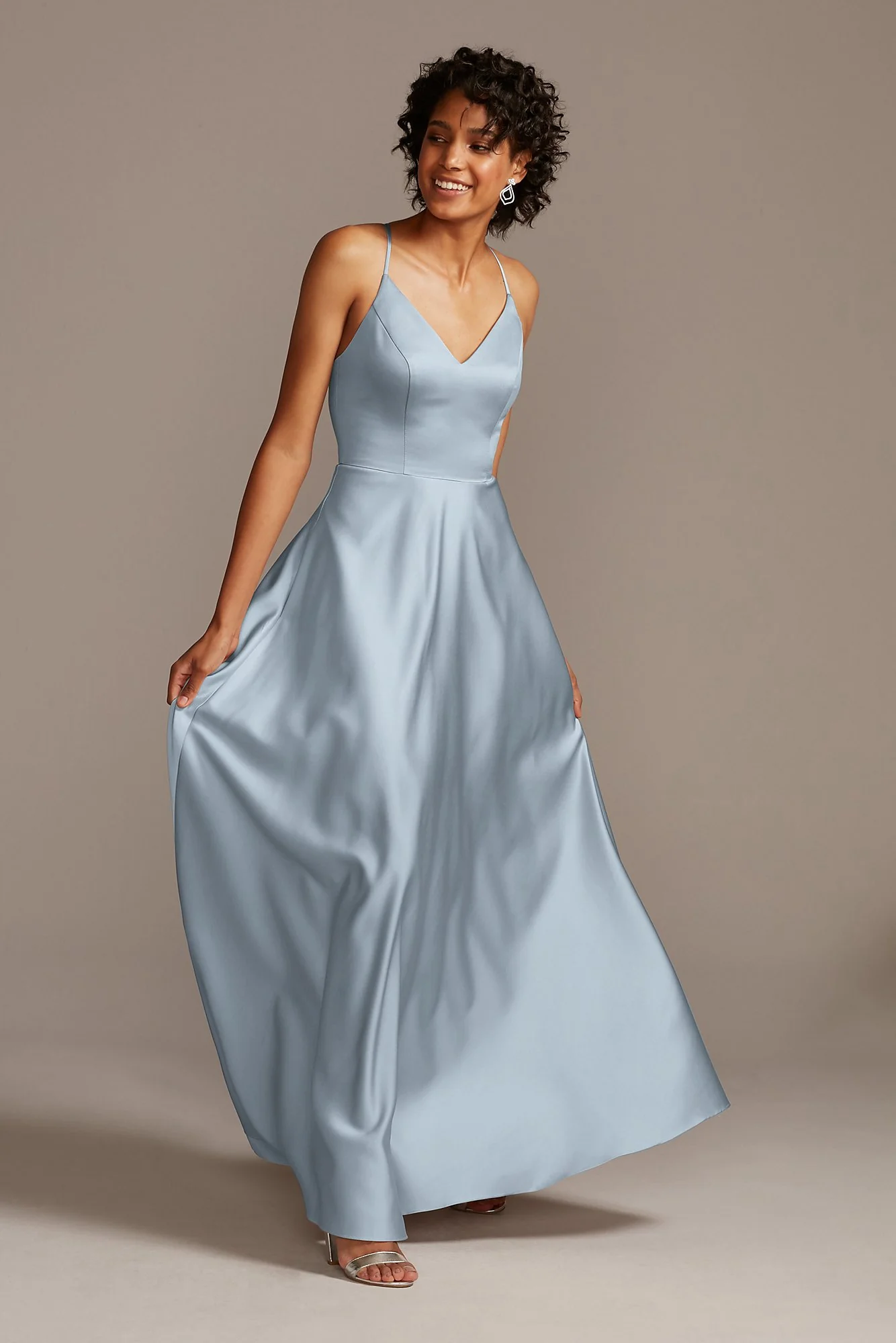 Spaghetti Strap Satin A-Line Long Bridesmaid Dress - Image 9