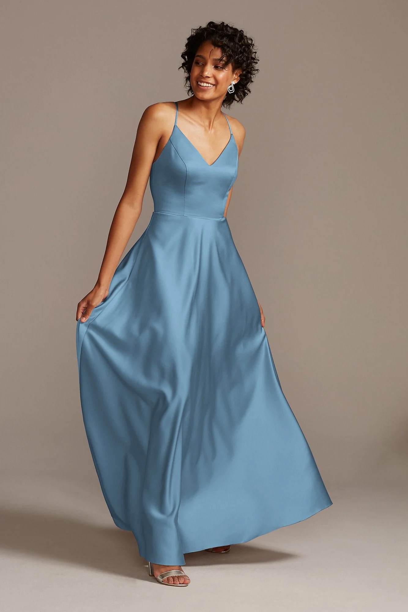 Spaghetti Strap Satin A-Line Long Bridesmaid Dress - Image 93