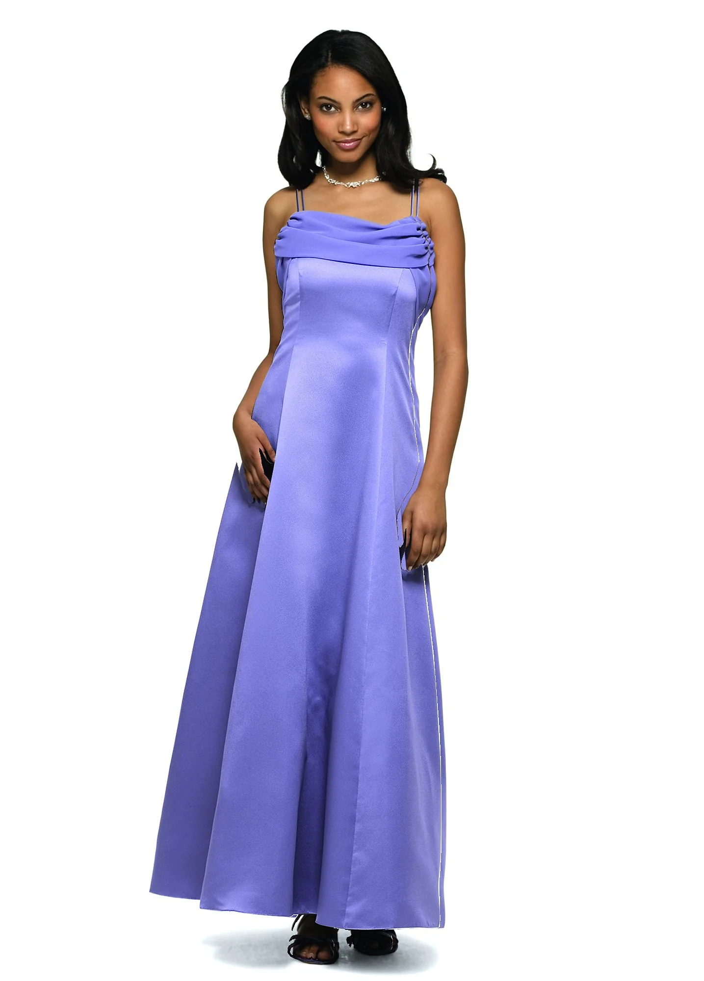 Spaghetti Strap Satin Gown w/ Chiffon Drape Neck
