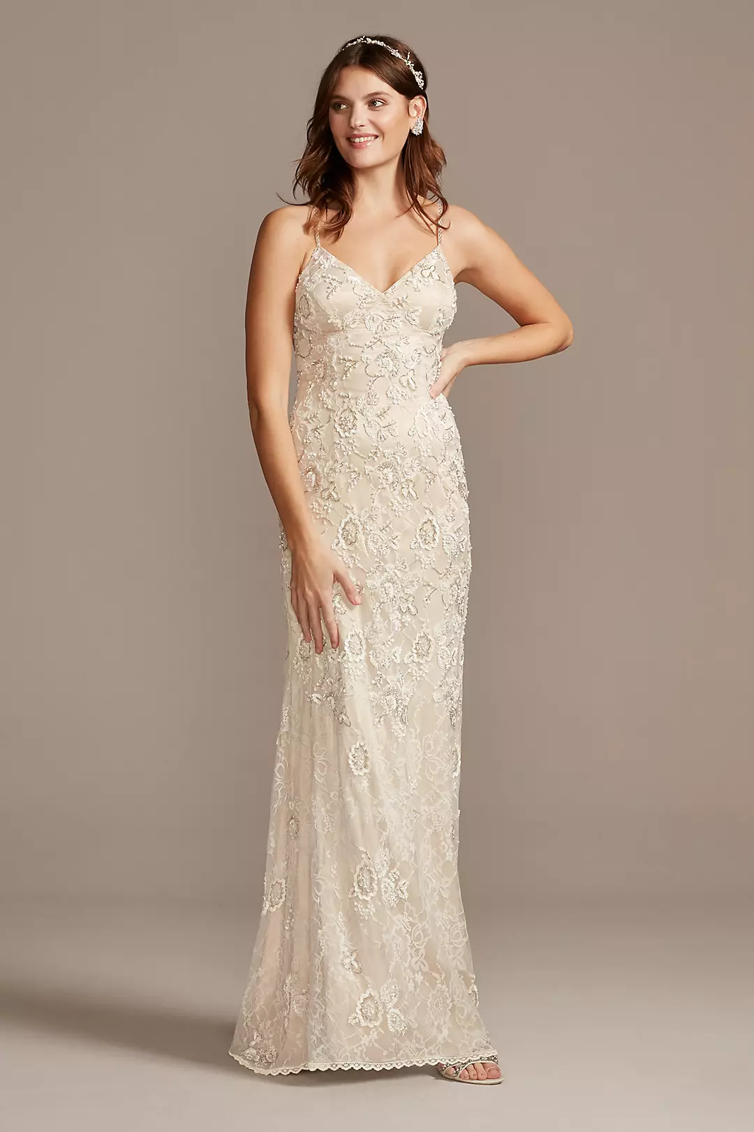 Spaghetti Strap Sequin Applique Lace Wedding Dress - Image 2