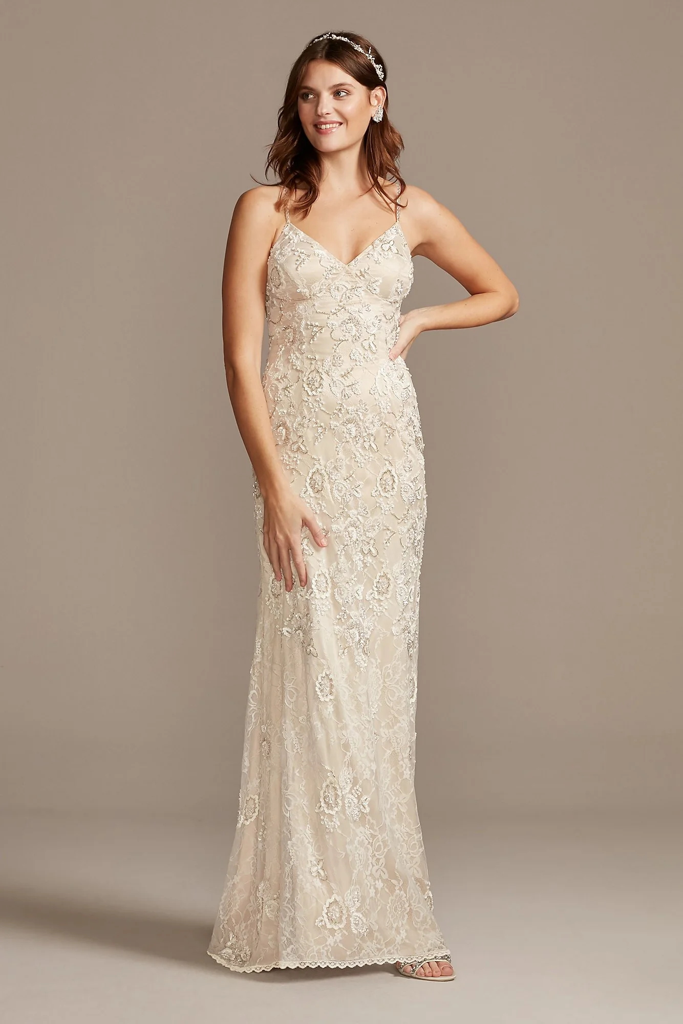 Spaghetti Strap Sequin Applique Lace Wedding Dress - Image 3