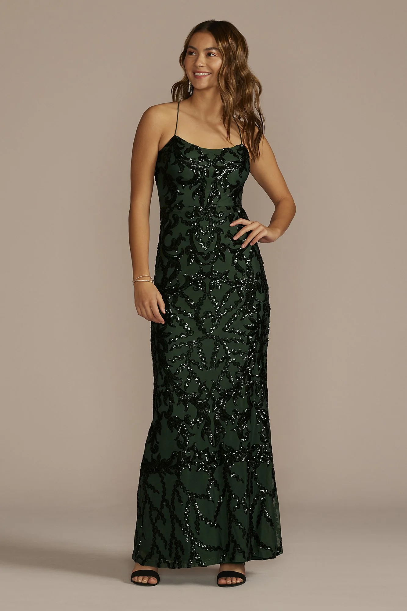 Spaghetti Strap Sequin Patterned Sheath Dress