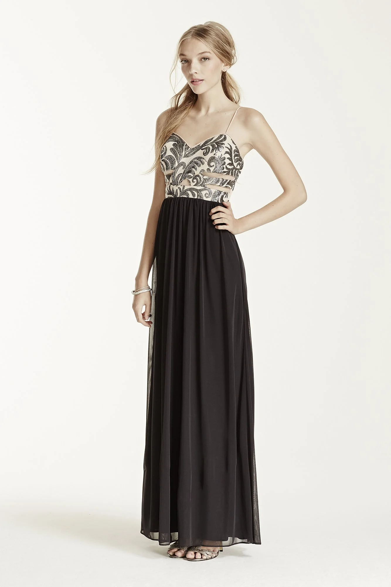 Spaghetti Strap Sequin Swirl Bodice Mesh Dress