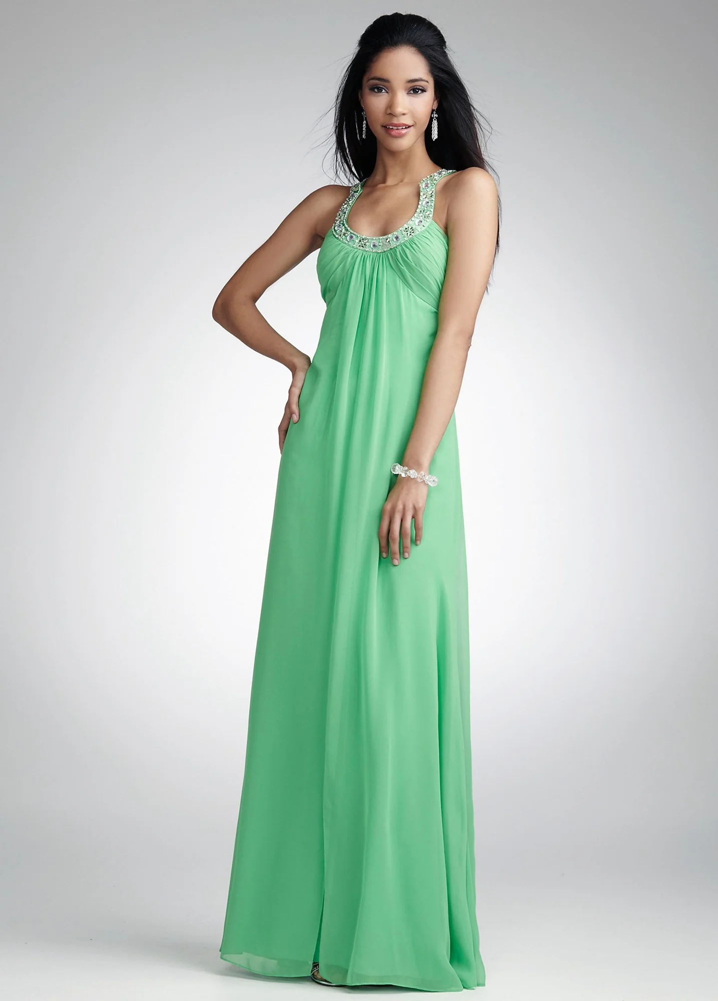 Split Front Chiffon Gown with Beaded Neckline