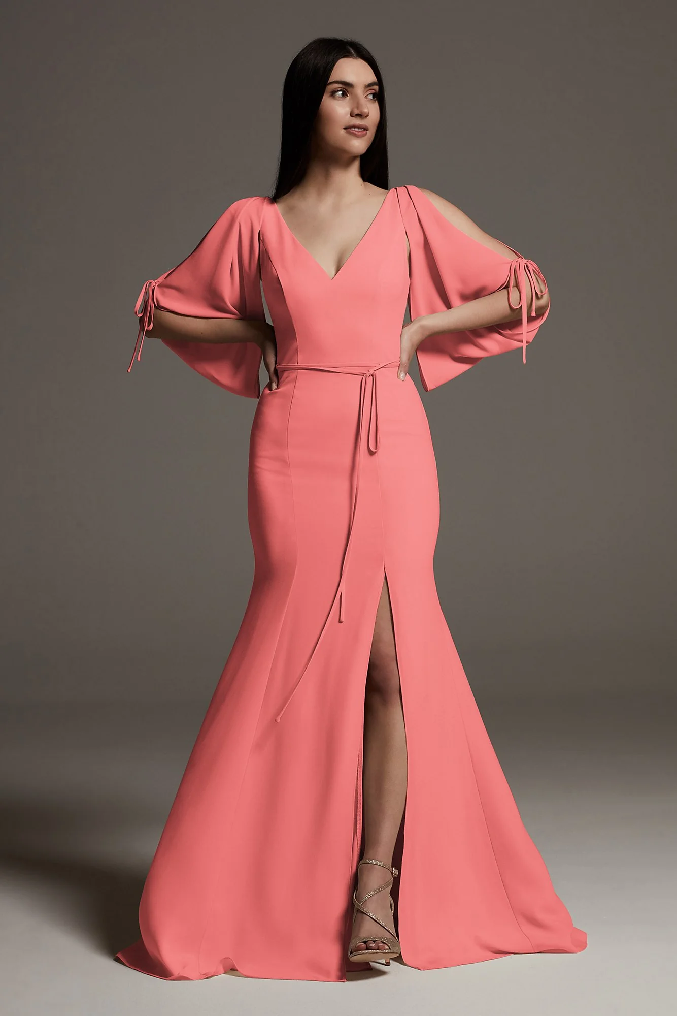 Split Sleeve Crepe Bridesmaid Dress with Slit - Image 13