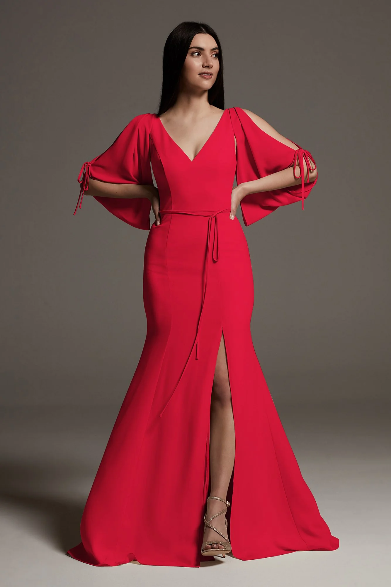 Split Sleeve Crepe Bridesmaid Dress with Slit - Image 28
