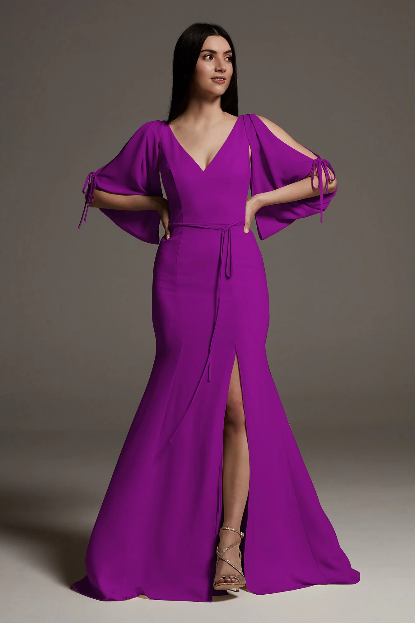 Split Sleeve Crepe Bridesmaid Dress with Slit - Image 40