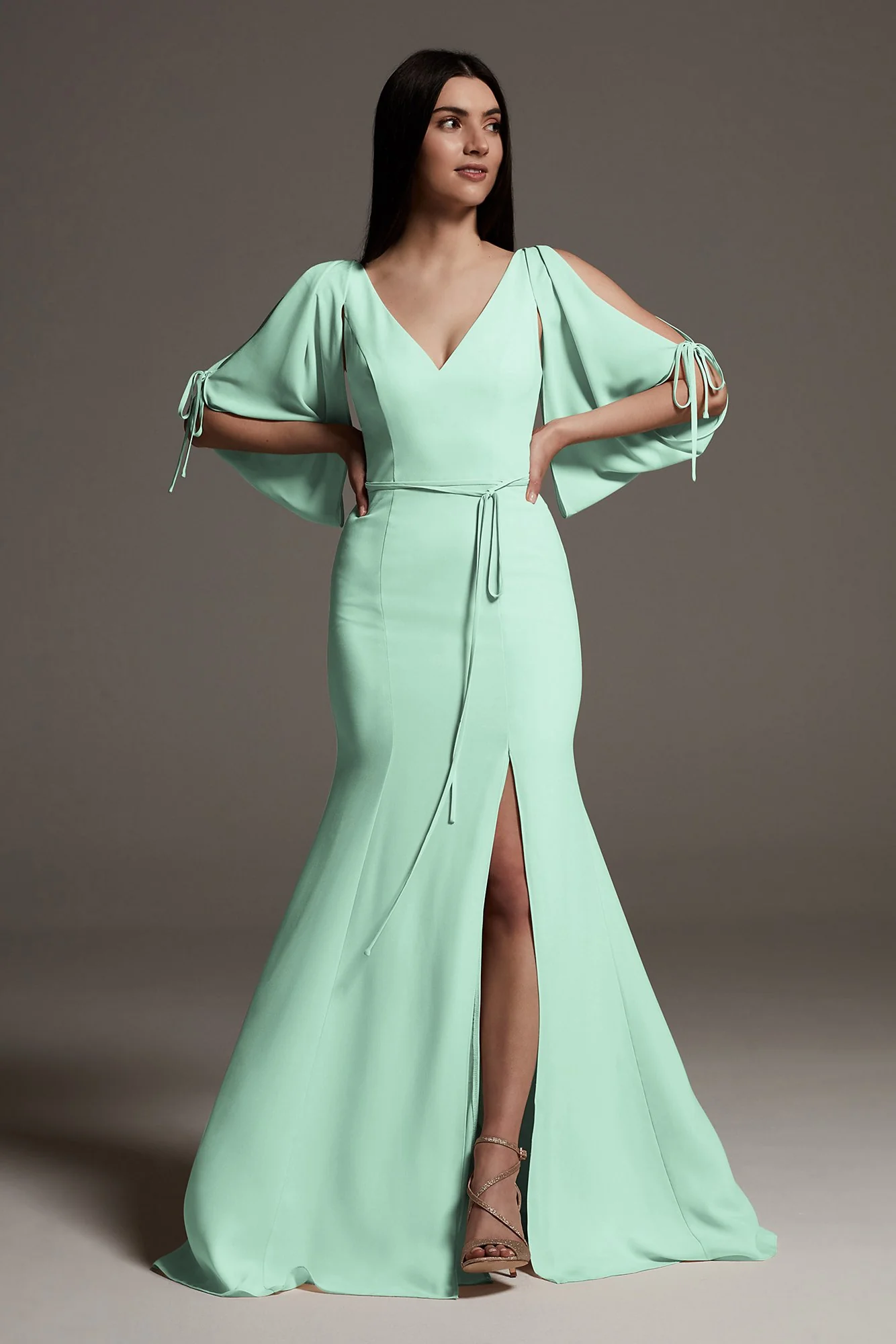 Split Sleeve Crepe Bridesmaid Dress with Slit - Image 5