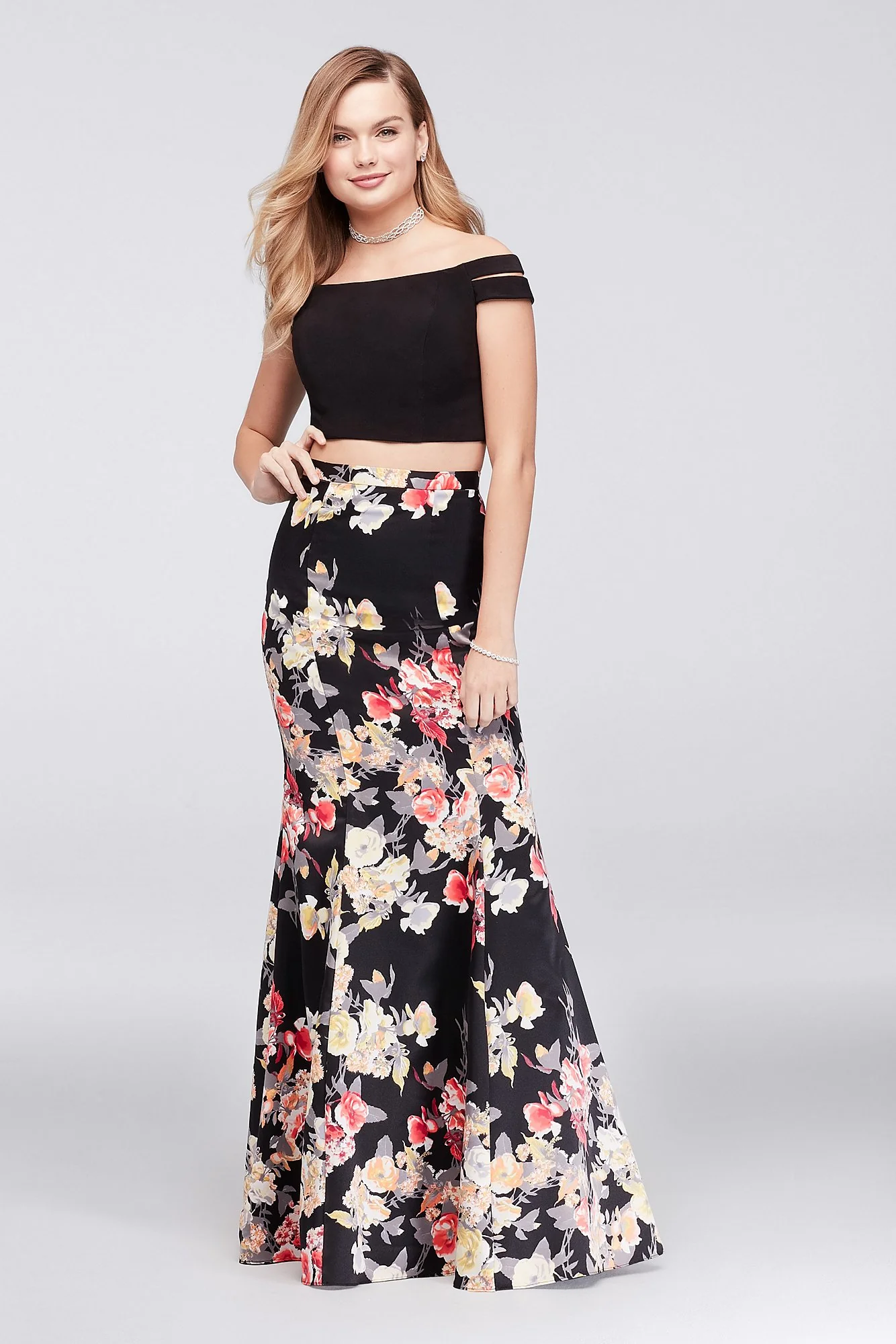 Split Sleeve Printed Charmeuse Two-Piece Dress