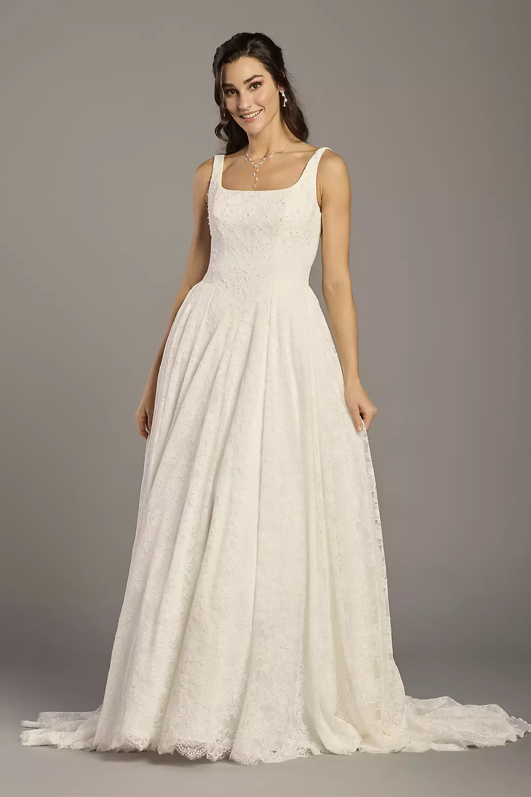Square Neck Beaded Lace A-Line Wedding Dress