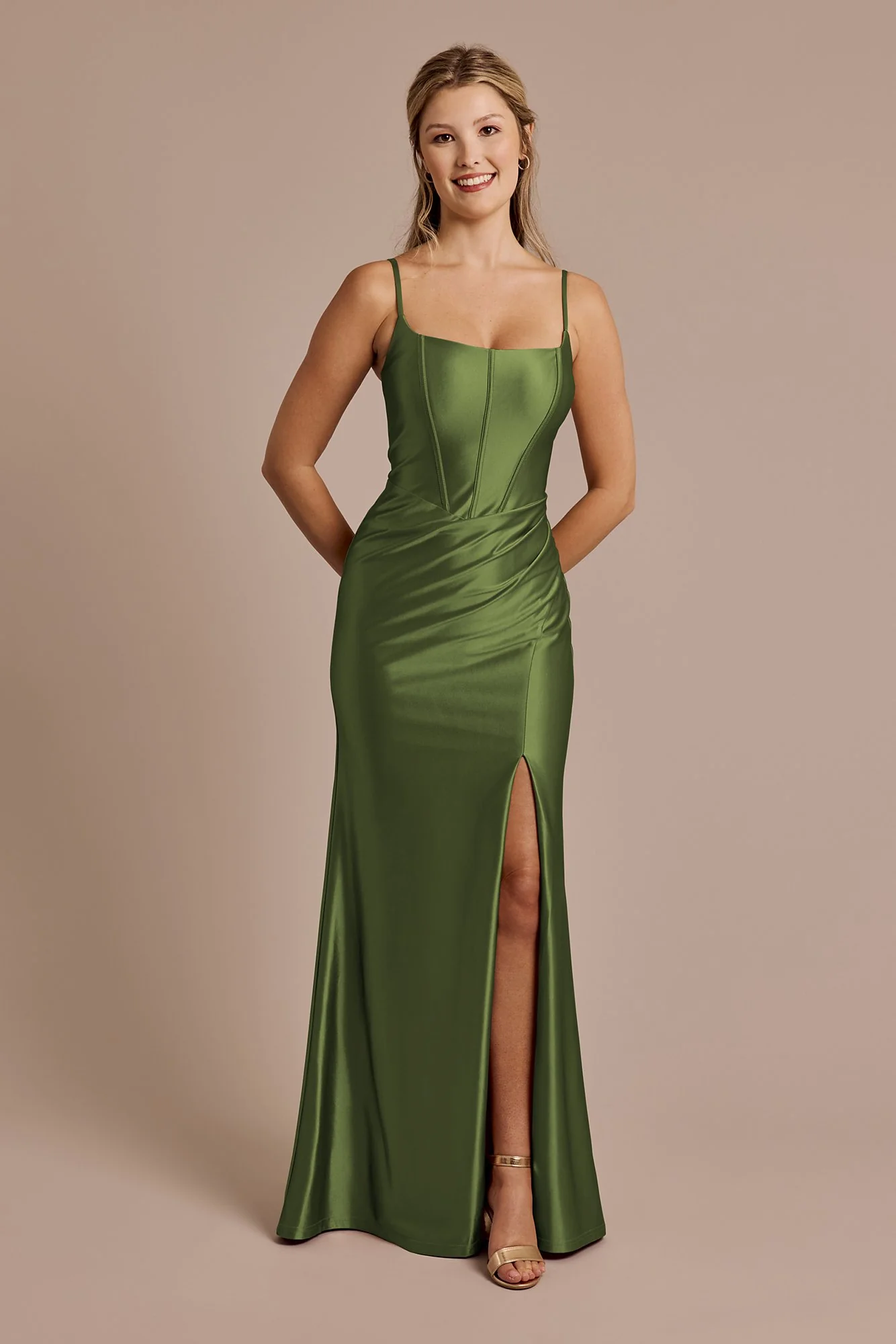 Square Neck Corset Sculpting Satin Dress - Image 18