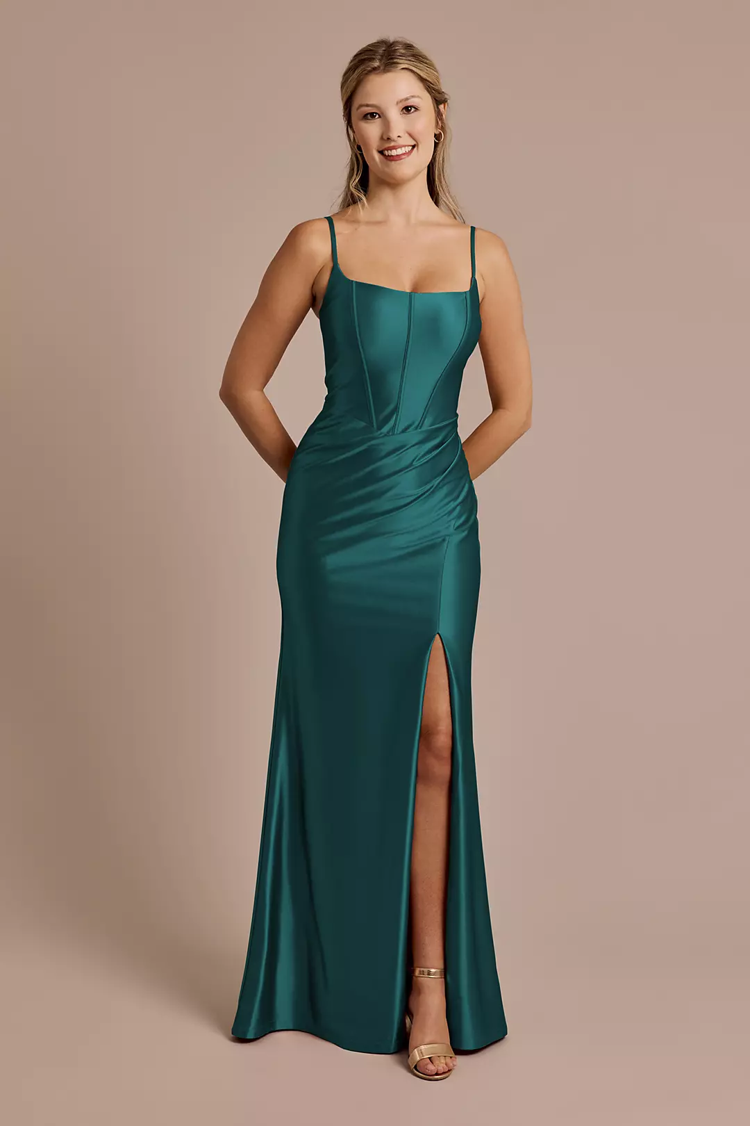 Square Neck Corset Sculpting Satin Dress - Image 47