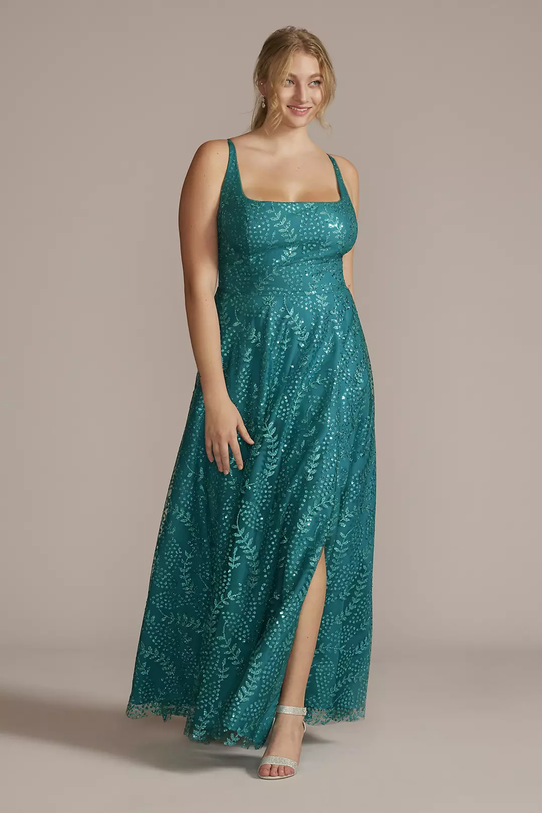 Square Neck Floral Leaf Patterned Sequin A-line - Image 12