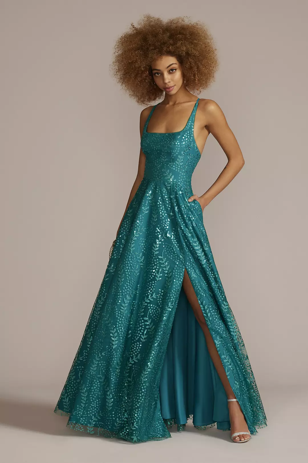 Square Neck Floral Leaf Patterned Sequin A-line - Image 21